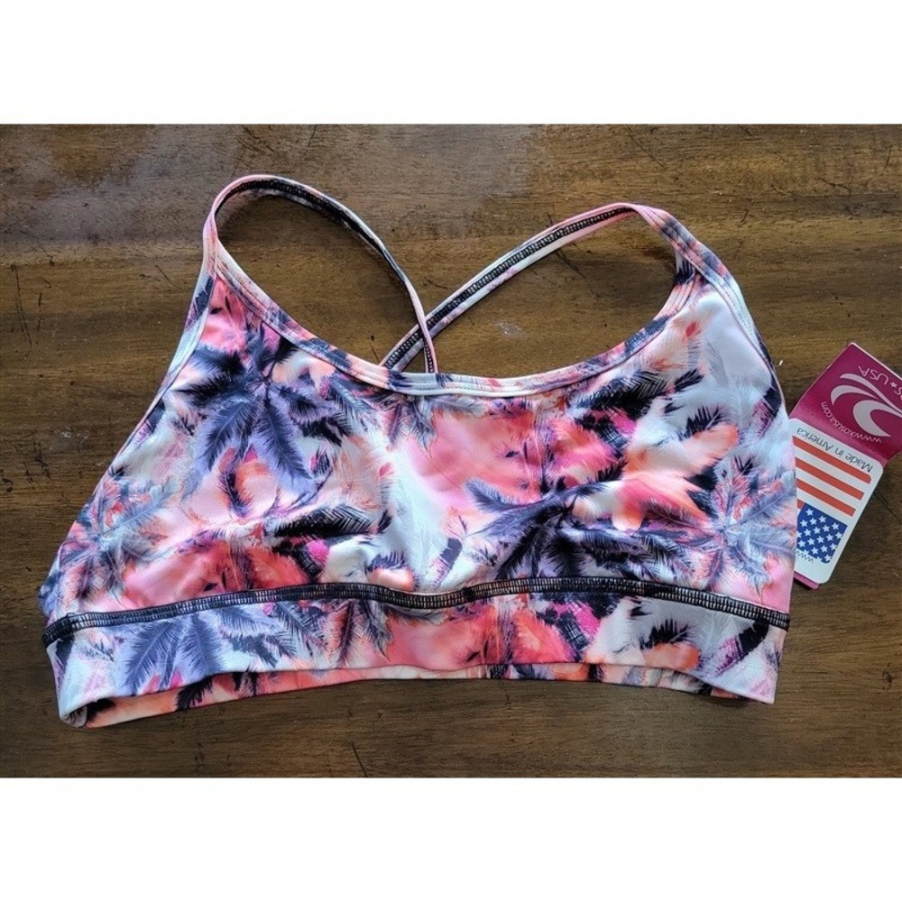 NWT Kos USA L Cross Back Dance Yoga Sports Bra Palm Tree 121875